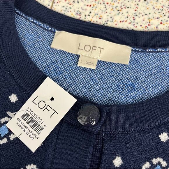 NWT LOFT Floral Jacquard Cardigan Button Front Knit Sweater Navy Women’s Size L - Picture 4 of 8
